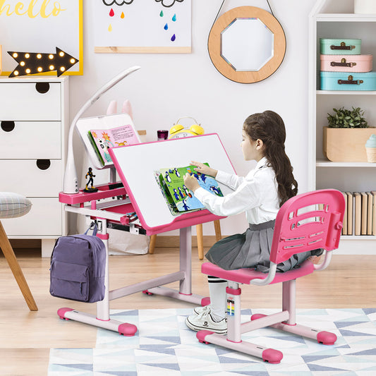 Schreibtisch Kinder, Kindertisch, Kinderschreibtisch Set, Schülerschreibtisch, mit Lampe und Stuhl, Rosa, Costway, 2