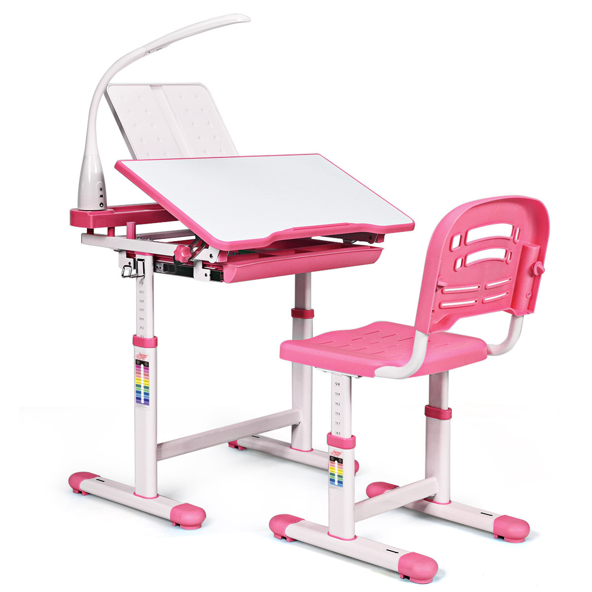 Schreibtisch Kinder, Kindertisch, Kinderschreibtisch Set, Schülerschreibtisch, mit Lampe und Stuhl, Rosa, Costway, 3