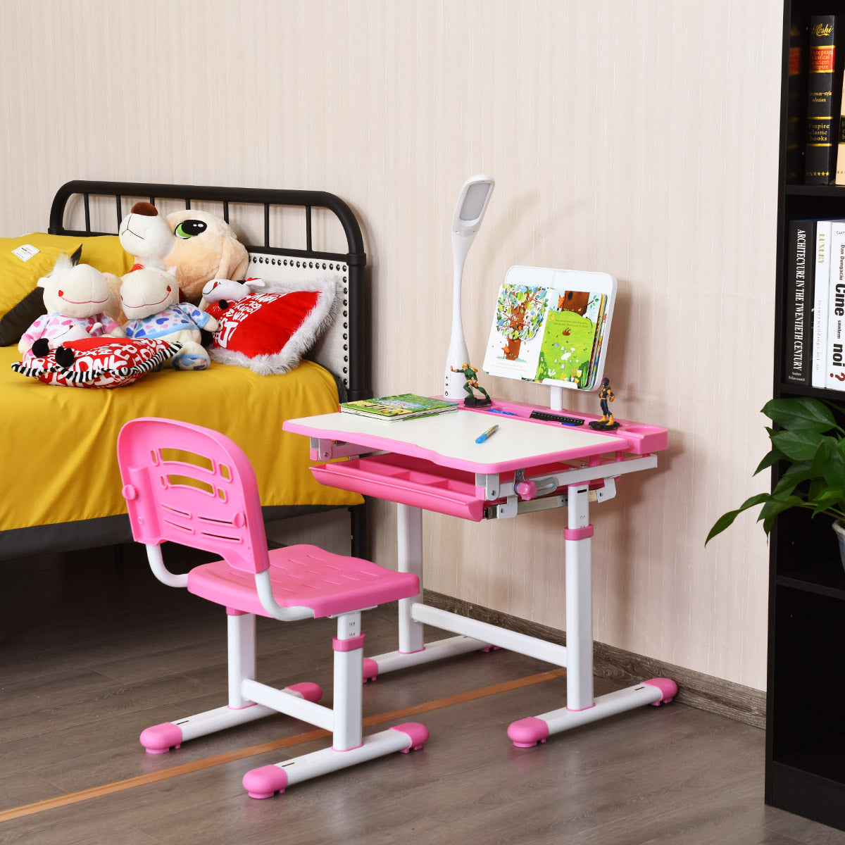 Schreibtisch Kinder, Kindertisch, Kinderschreibtisch Set, Schülerschreibtisch, mit Lampe und Stuhl, Rosa, Costway, 4