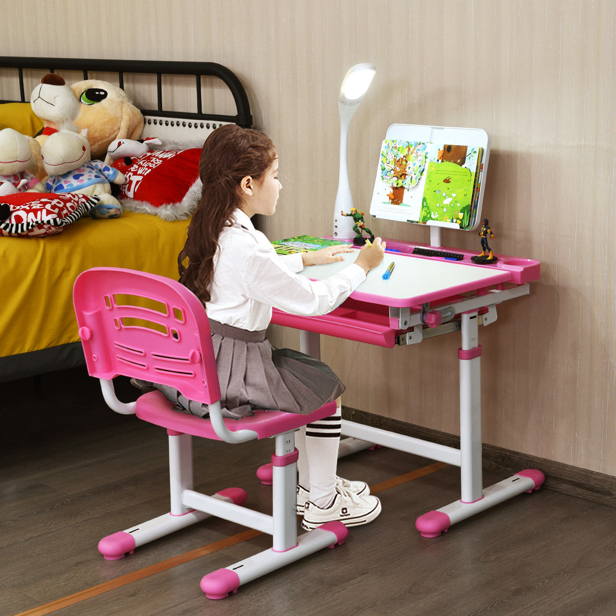 Schreibtisch Kinder, Kindertisch, Kinderschreibtisch Set, Schülerschreibtisch, mit Lampe und Stuhl, Rosa, Costway, 5