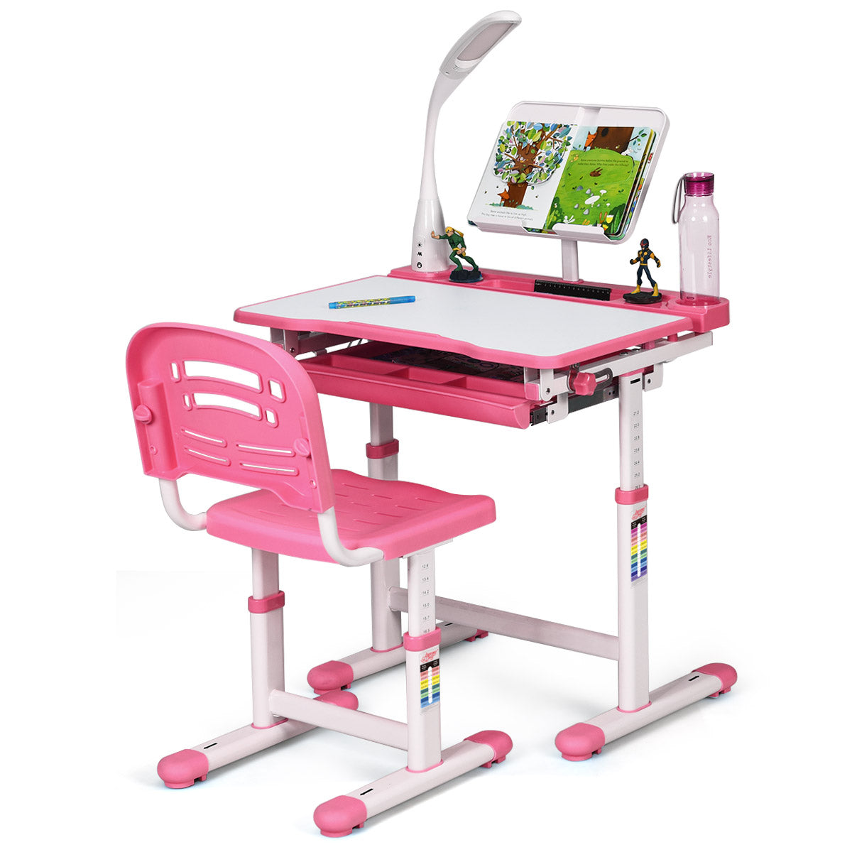 Schreibtisch Kinder, Kindertisch, Kinderschreibtisch Set, Schülerschreibtisch, mit Lampe und Stuhl, Rosa, Costway, 6