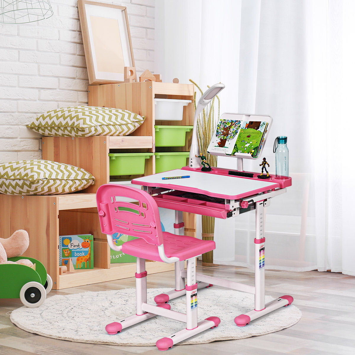 Schreibtisch Kinder, Kindertisch, Kinderschreibtisch Set, Schülerschreibtisch, mit Lampe und Stuhl, Rosa, Costway, 8