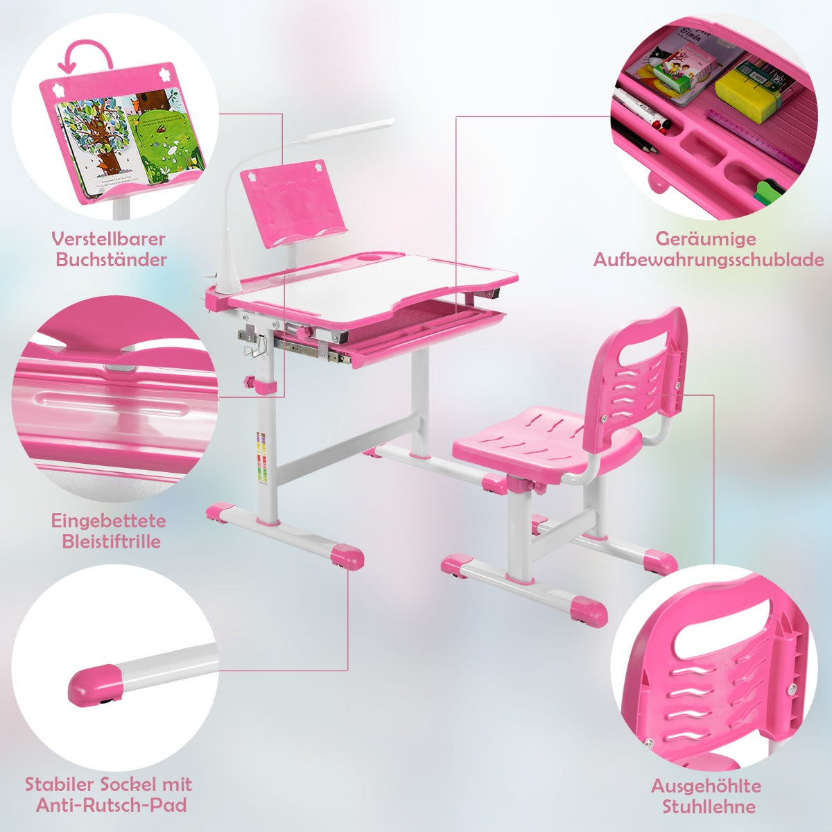 Schreibtisch Kinder, Kindertisch, Kinderschreibtisch Set, Tisch  Stuhl  mit Bücherständer, LED-Licht, Rosa, Costway, 2