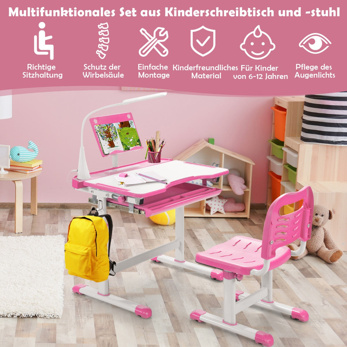 Schreibtisch Kinder, Kindertisch, Kinderschreibtisch Set, Tisch  Stuhl  mit Bücherständer, LED-Licht, Rosa, Costway, 3