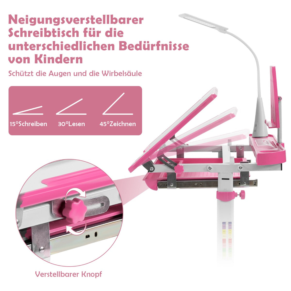 Schreibtisch Kinder, Kindertisch, Kinderschreibtisch Set, Tisch Stuhl mit Bücherständer, LED-Licht, Rosa, Costway, 4