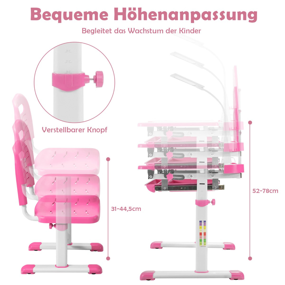 Schreibtisch Kinder, Kindertisch, Kinderschreibtisch Set, Tisch Stuhl mit Bücherständer, LED-Licht, Rosa, Costway, 5