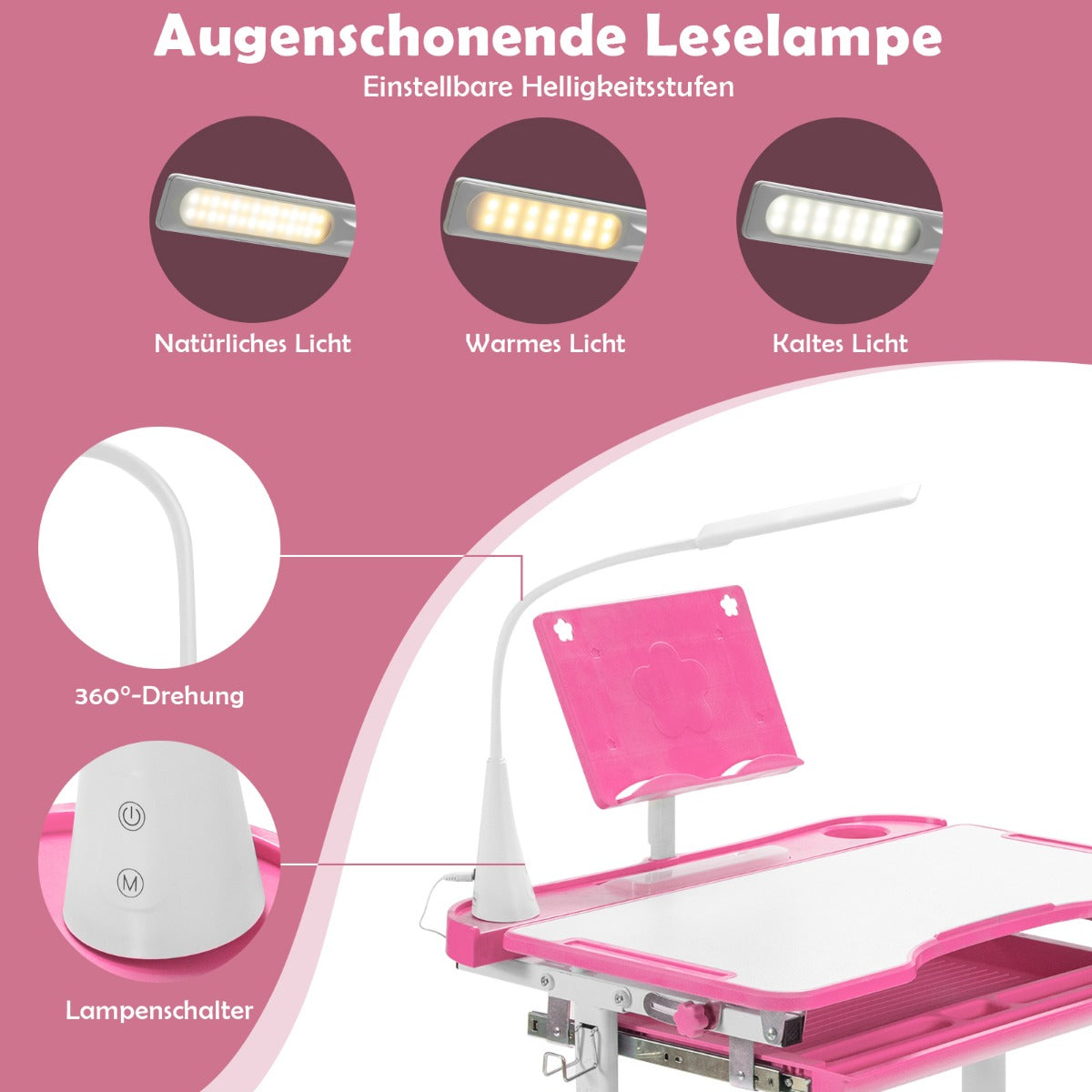 Schreibtisch Kinder, Kindertisch, Kinderschreibtisch Set, Tisch  Stuhl  mit Bücherständer, LED-Licht, Rosa, Costway, 6