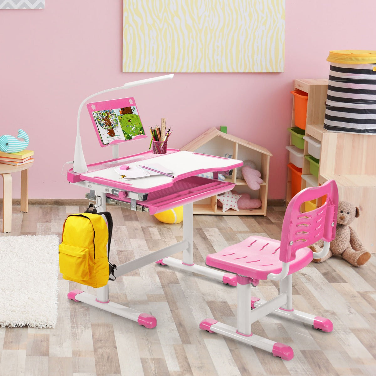 Schreibtisch Kinder, Kindertisch, Kinderschreibtisch Set, Tisch  Stuhl  mit Bücherständer, LED-Licht, Rosa, Costway, 8