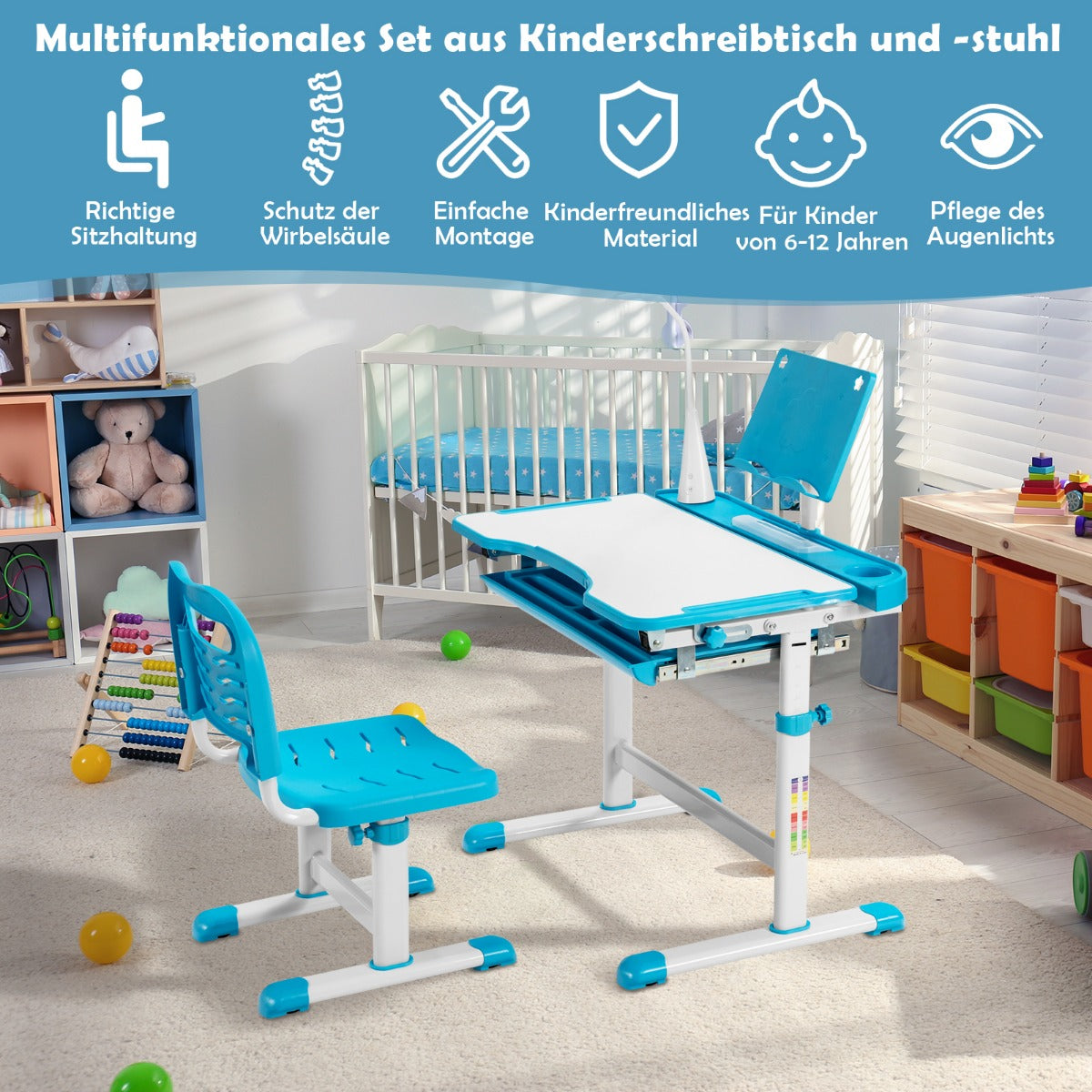 Schreibtisch Kinder, Kindertisch, Kinderschreibtisch Set, Tisch kann bis zu 100 kg, Stuhl bis zu 80 kg, Costway, 2