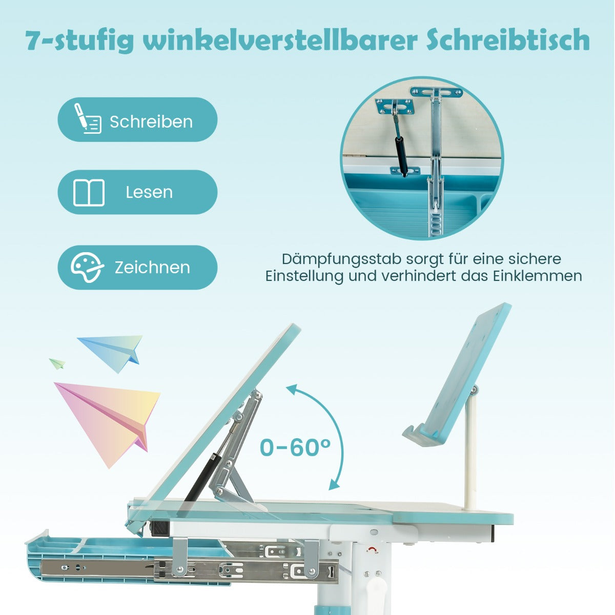 Schreibtisch Kinder, Stabil, Höhenverstellbares Kinderschreibtisch, Tischhöhe von 51 cm bis 73 cm, Blau, Costway, 5