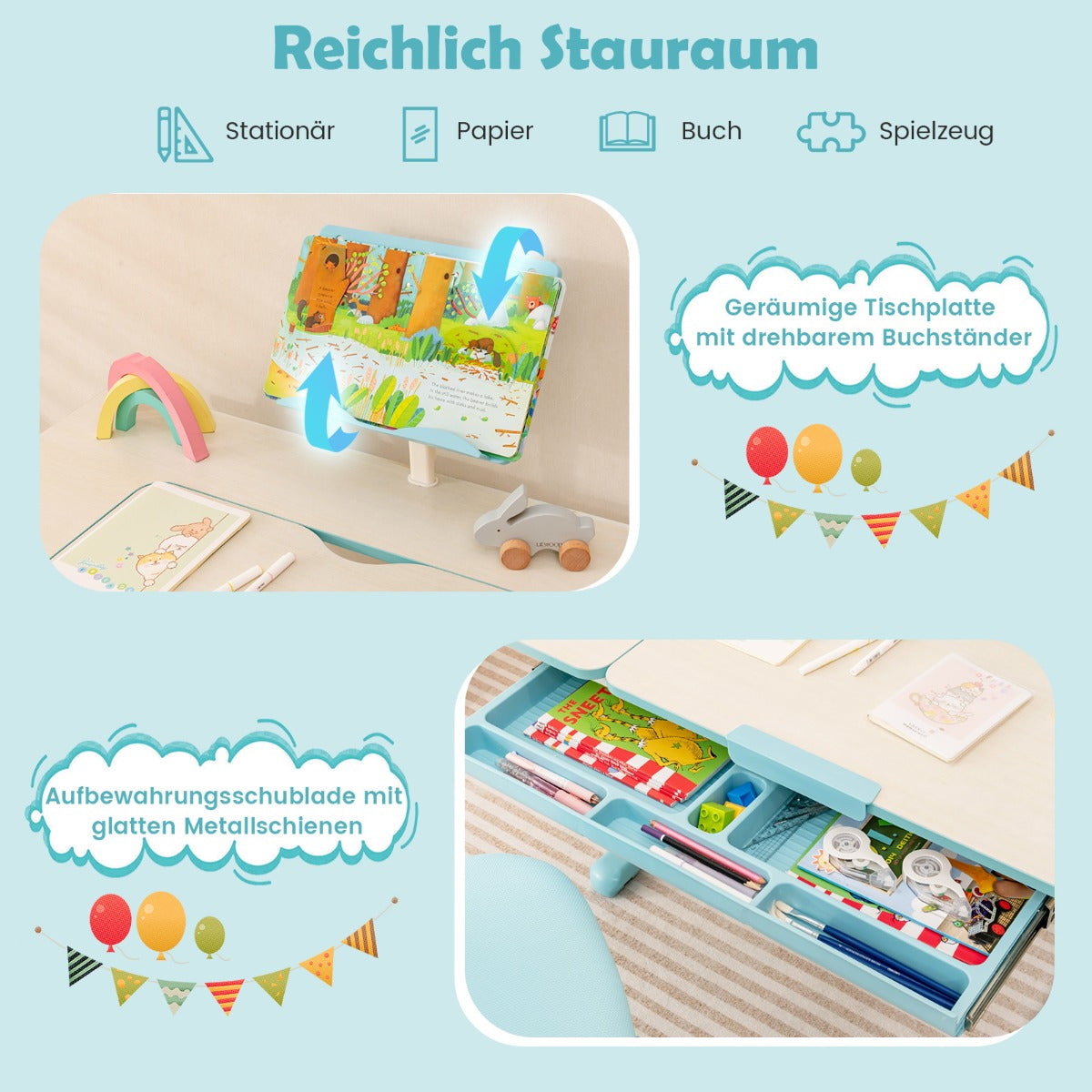 Schreibtisch Kinder, Stabil, Höhenverstellbares Kinderschreibtisch, Tischhöhe von 51 cm bis 73 cm, Blau, Costway, 6