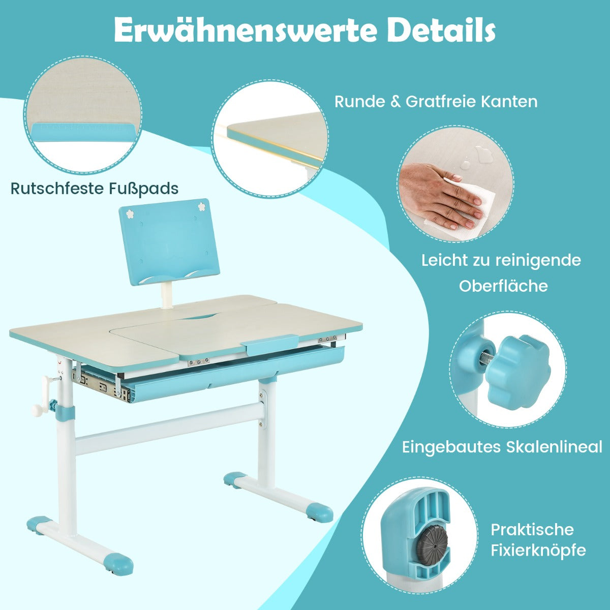 Schreibtisch Kinder, Stabil, Höhenverstellbares Kinderschreibtisch, Tischhöhe von 51 cm bis 73 cm, Blau, Costway, 7