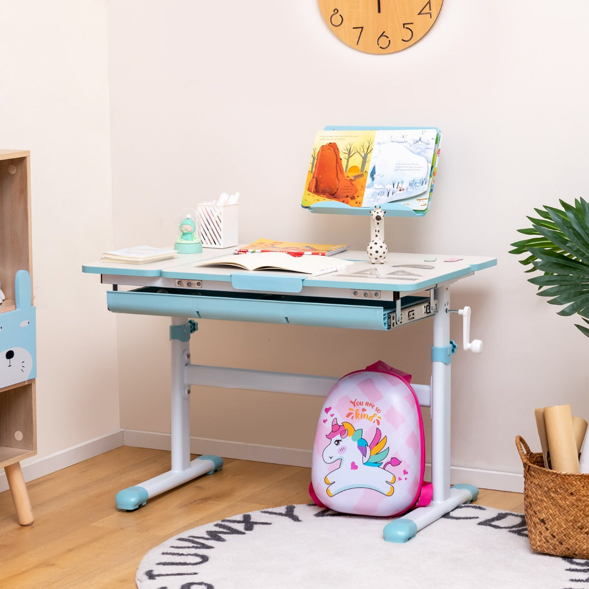 Schreibtisch Kinder, Stabil, Höhenverstellbares Kinderschreibtisch, Tischhöhe von 51 cm bis 73 cm, Blau, Costway, 9