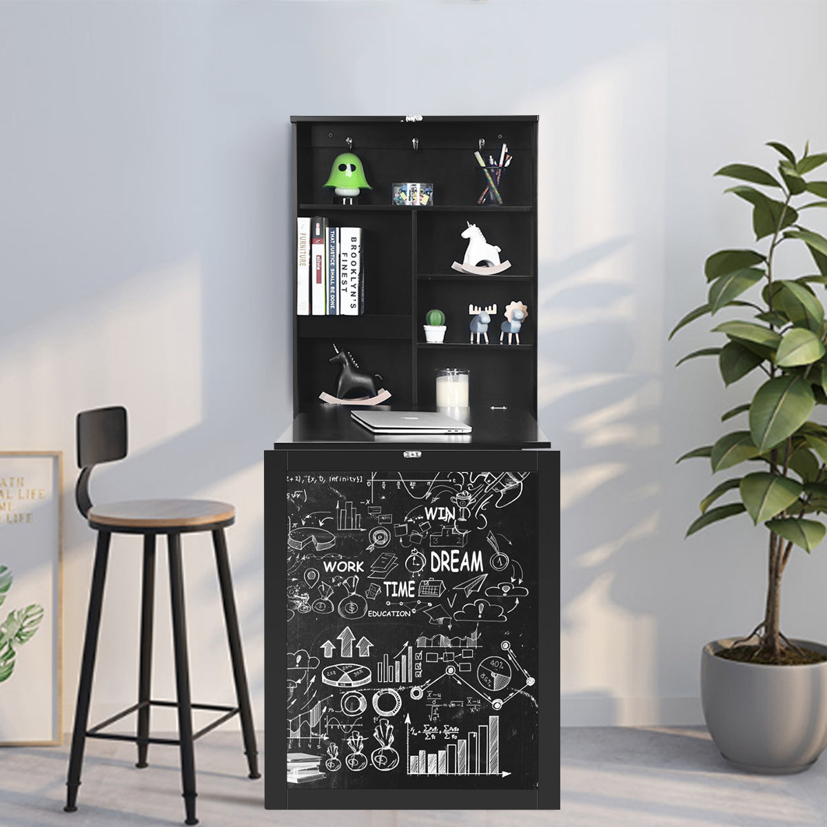 Schreibtisch Klappbar, Wandtischm, Ausklappbarer Wandklapptisch, Umwandelbarer Schreibtisch, Schreibtisch Schwarz, Costway, 2