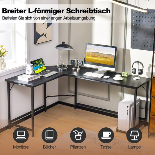 Schreibtisch L Form, Computertisch, PC Tisch, Schreibtisch groß, L Schreibtisch, mit Steckdose & CPU-Ständer, Costway, 2
