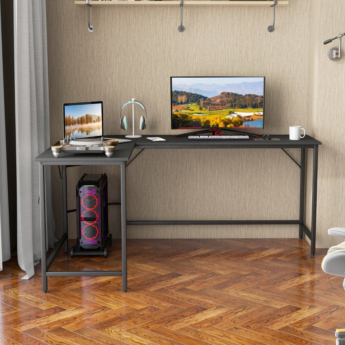 Schreibtisch L Form, Computertisch, PC Tisch, Schreibtisch groß, L Schreibtisch, mit Steckdose & CPU-Ständer, Costway, 8