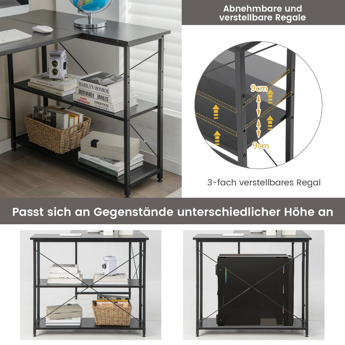 Schreibtisch L Form, L Schreibtisch, Schreibtisch mit Stauraum, Kleiner Schreibtisch, Schreibtisch Schwarz, Costway, 6