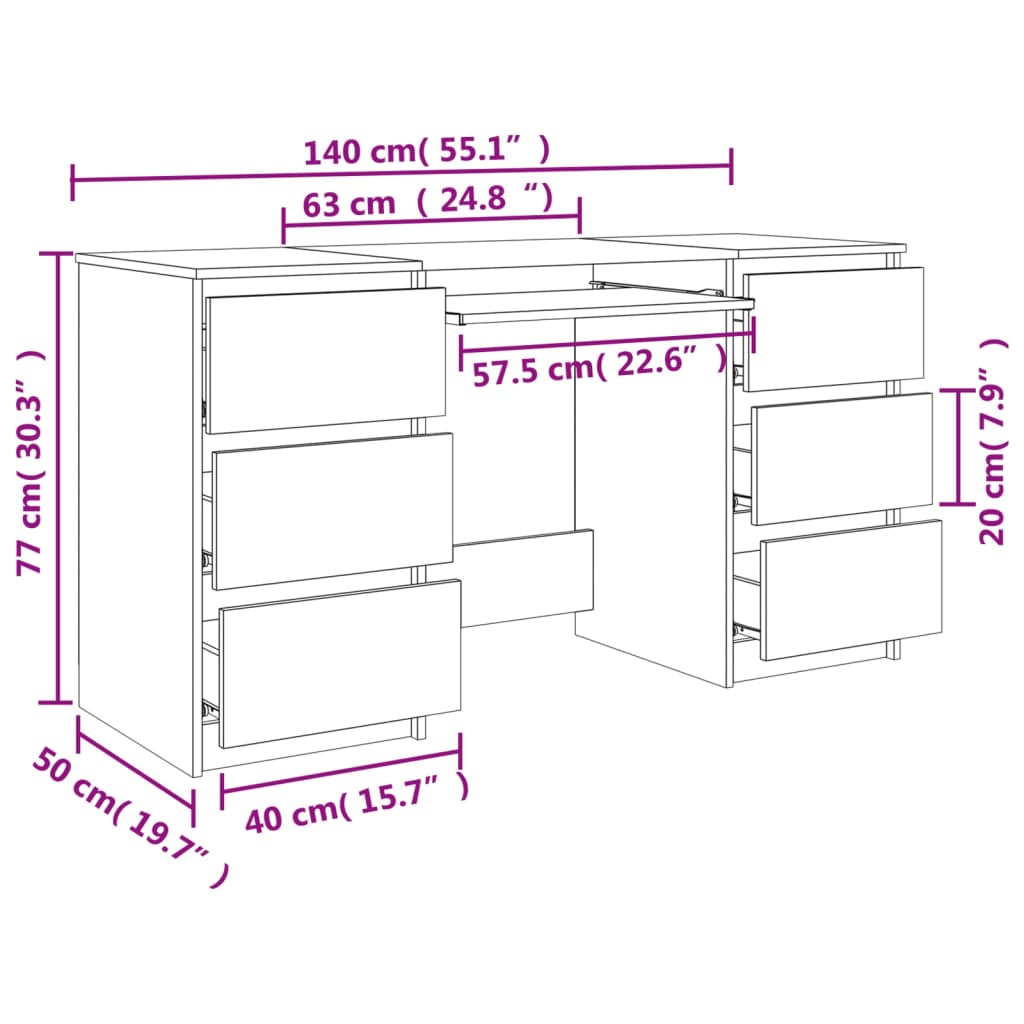 Schreibtisch, Schreibtisch Holz, 140x50x77 cm, Schreibtisch mit Schubladen, Holzwerkstoff, Braun Eichen-Optik, vidaXL, 6