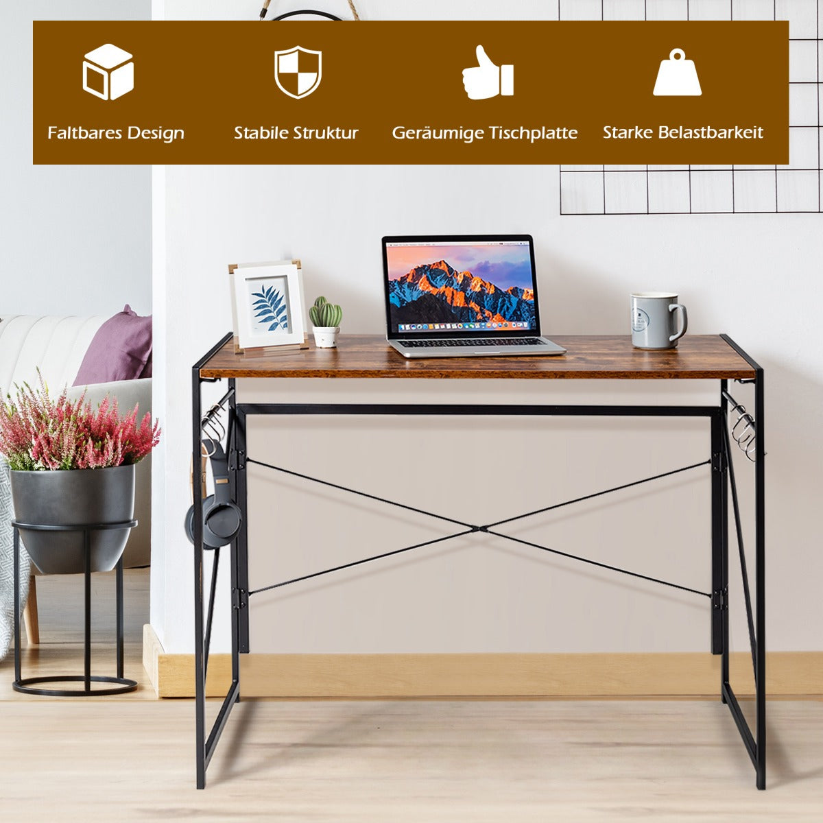 Schreibtisch, Schreibtisch Klappbar, Platzsparender Schreibtisch Klappbar, Laptoptisch, Costway, 5