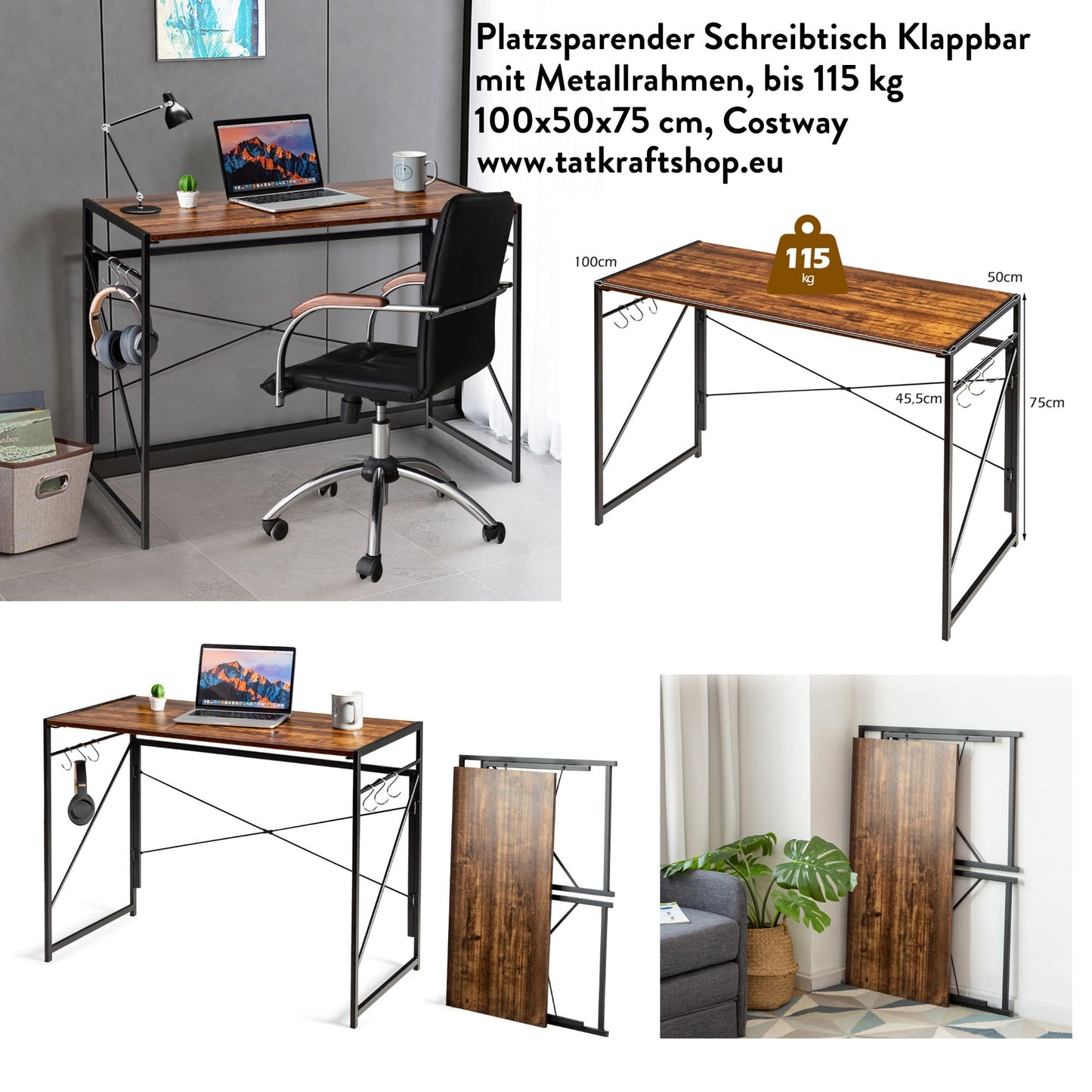 Schreibtisch, Schreibtisch Klappbar, Platzsparender Schreibtisch Klappbar, Laptoptisch, Costway, mix