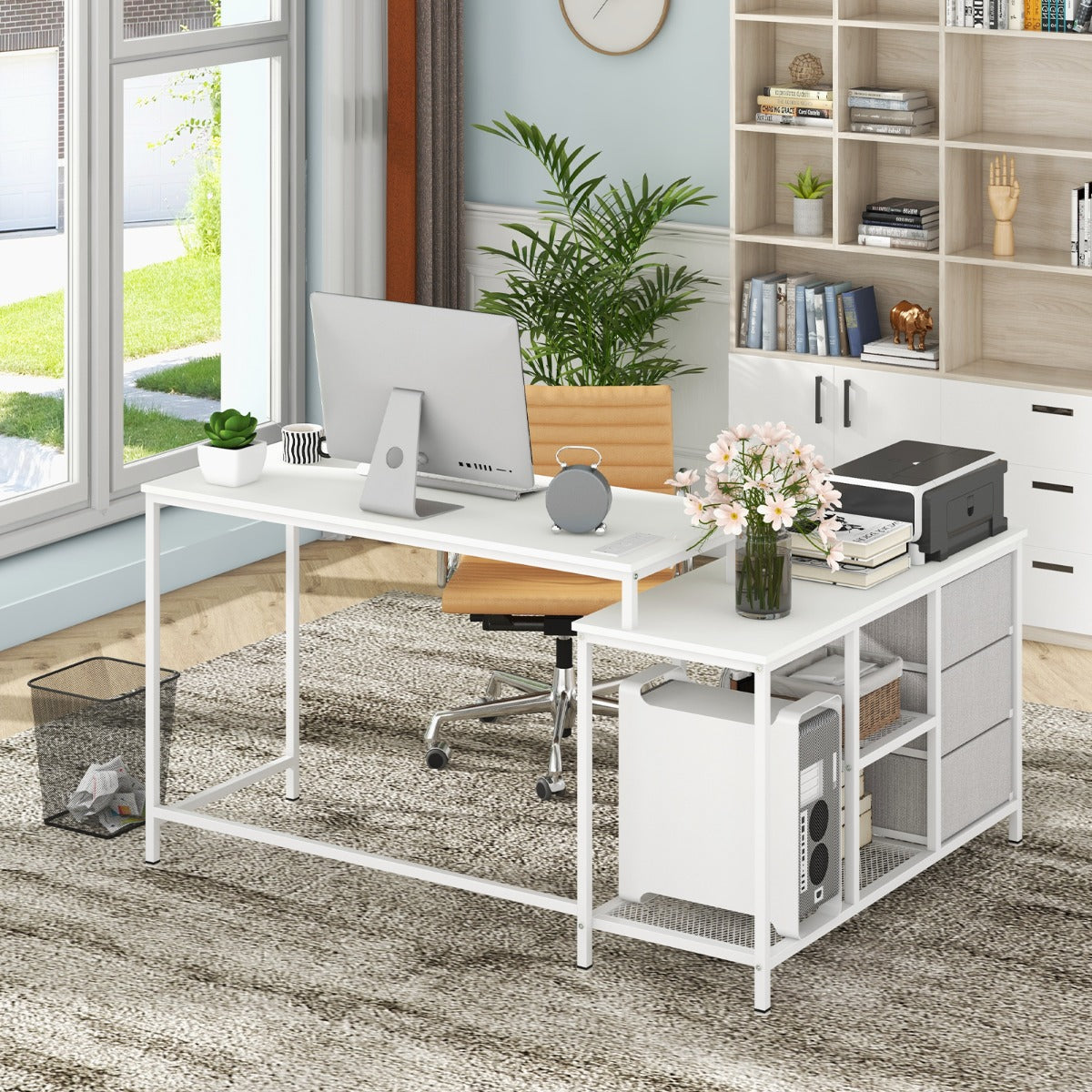 Schreibtisch, Schreibtisch mit Schubladen, Schreibtisch L Form, L Schreibtisch, Schreibtisch umwandelbaren, Weiß, Costway, 2