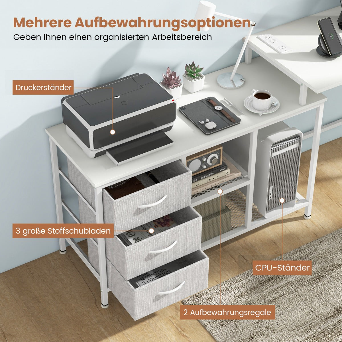 Schreibtisch, Schreibtisch mit Schubladen, Schreibtisch L Form, L Schreibtisch, Schreibtisch umwandelbaren, Weiß, Costway, 3