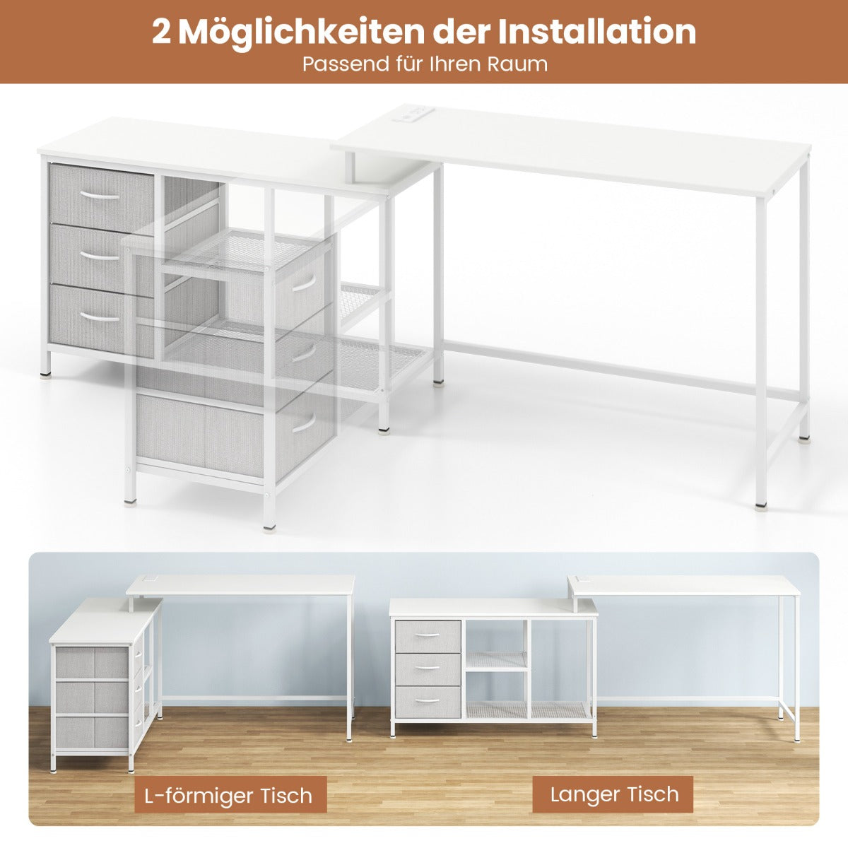Schreibtisch, Schreibtisch mit Schubladen, Schreibtisch L Form, L Schreibtisch, Schreibtisch umwandelbaren, Weiß, Costway, 5