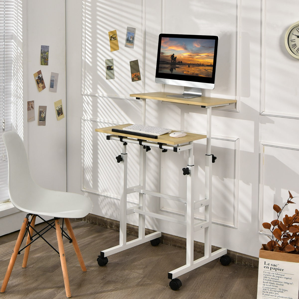 Schreibtisch, Sitz-Steh-Schreibtisch, Stehschreibtisch, höhenverstellbar, rollender, Weiß + Natur, Costway, 1