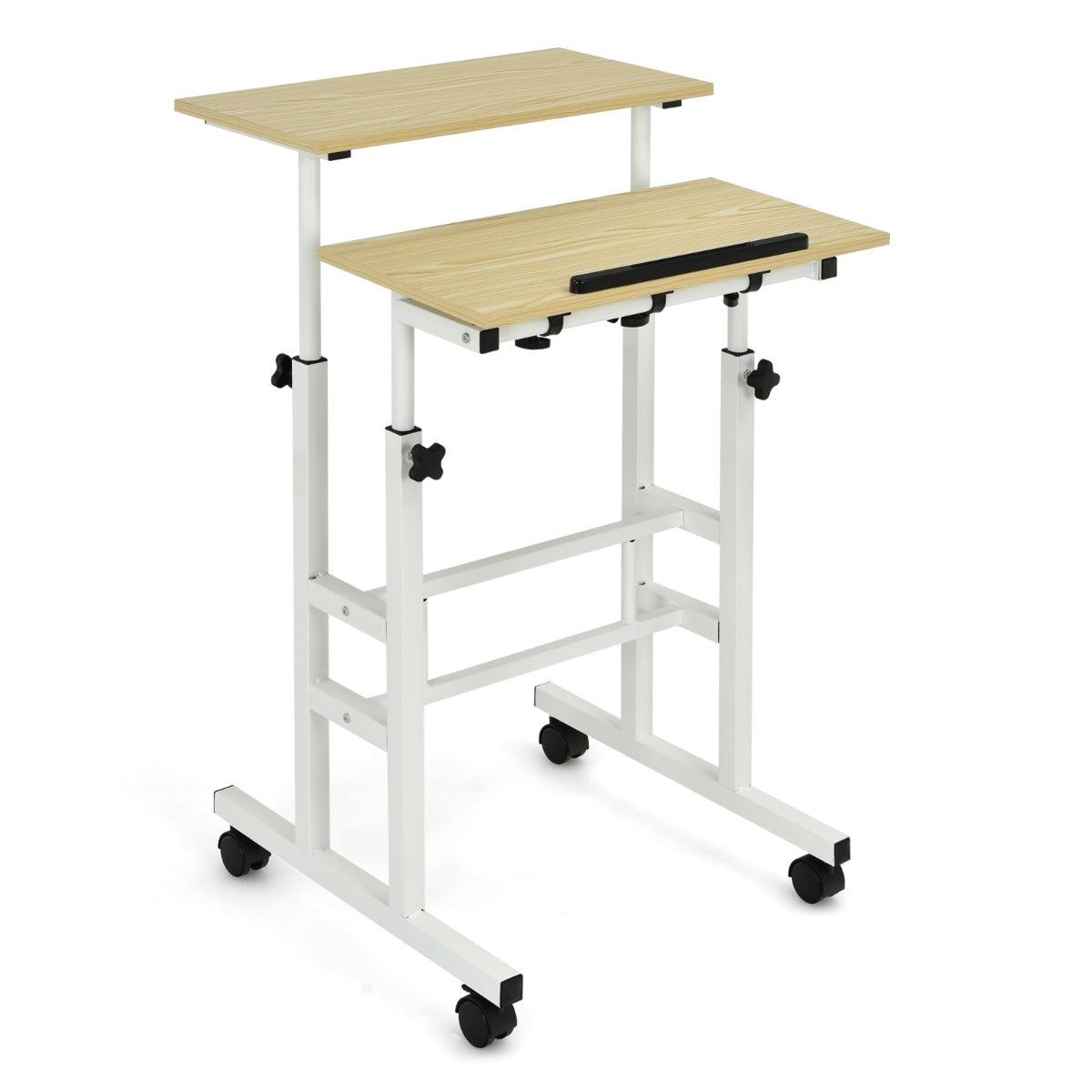Schreibtisch, Sitz-Steh-Schreibtisch, Stehschreibtisch, höhenverstellbar, rollender, Weiß + Natur, Costway, 2