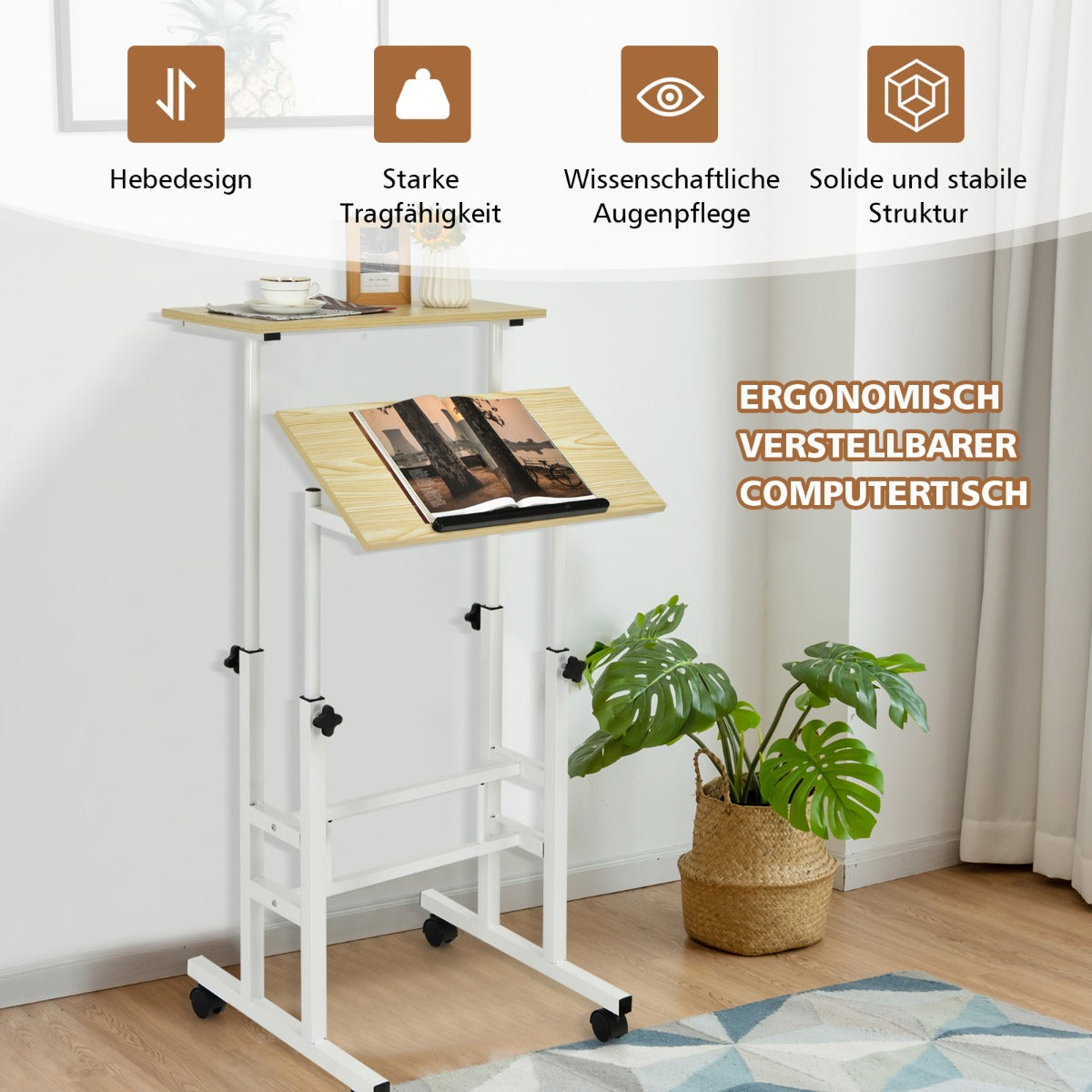 Schreibtisch, Sitz-Steh-Schreibtisch, Stehschreibtisch, höhenverstellbar, rollender, Weiß + Natur, Costway, 4