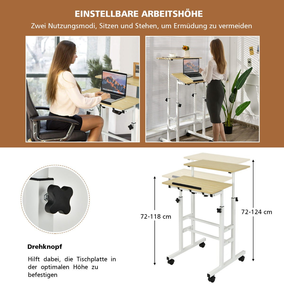 Schreibtisch, Sitz-Steh-Schreibtisch, Stehschreibtisch, höhenverstellbar, rollender, Weiß + Natur, Costway, 6