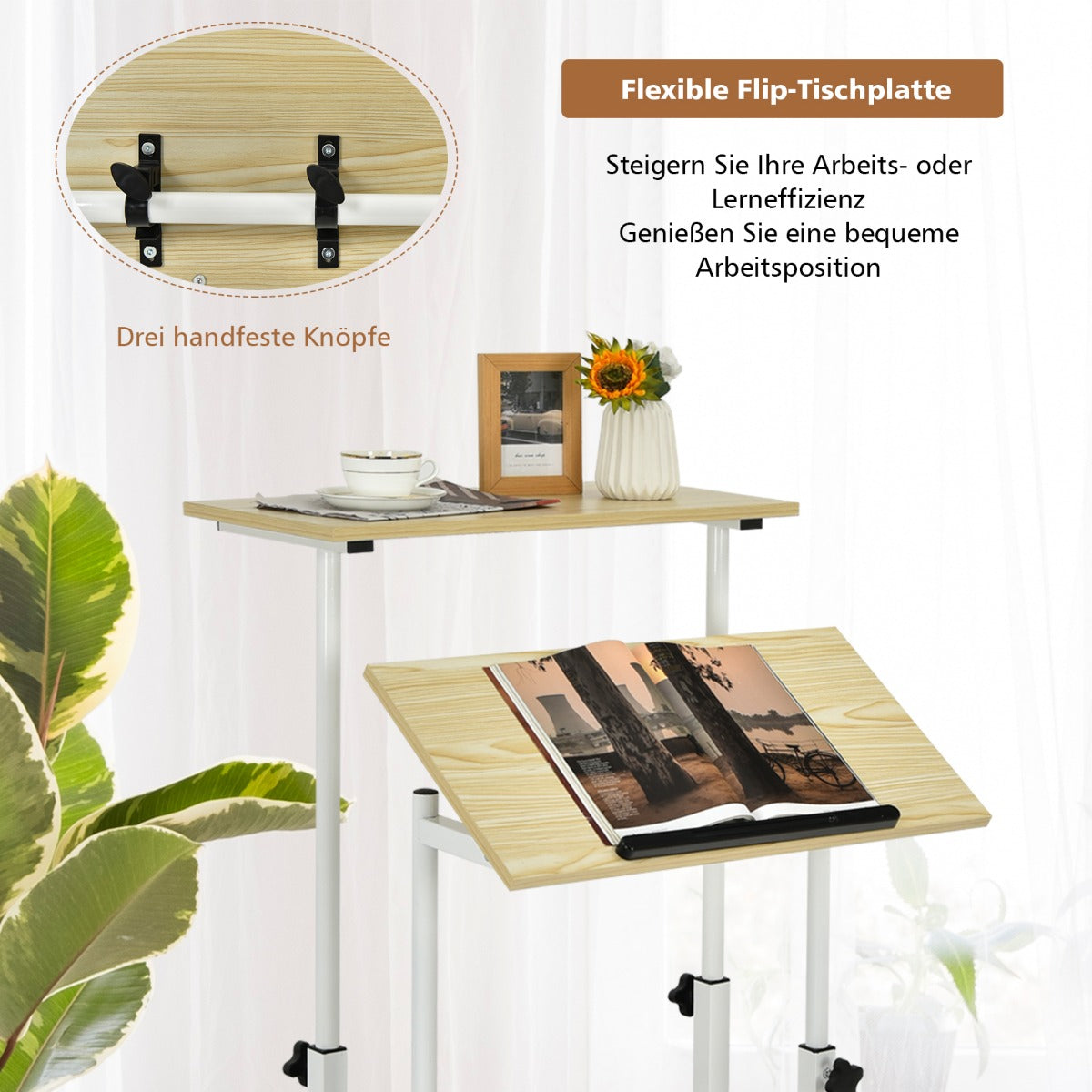 Schreibtisch, Sitz-Steh-Schreibtisch, Stehschreibtisch, höhenverstellbar, rollender, Weiß + Natur, Costway, 7