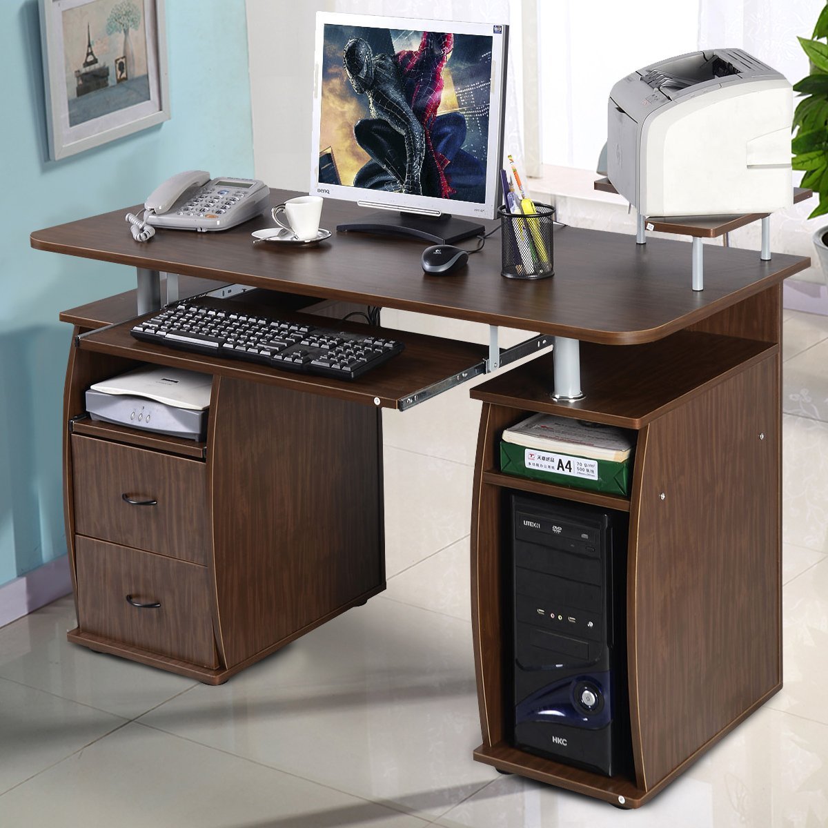 Schreibtisch, platzsparender Computertisch, mit Druckerablage, Walnut, Costway, 5