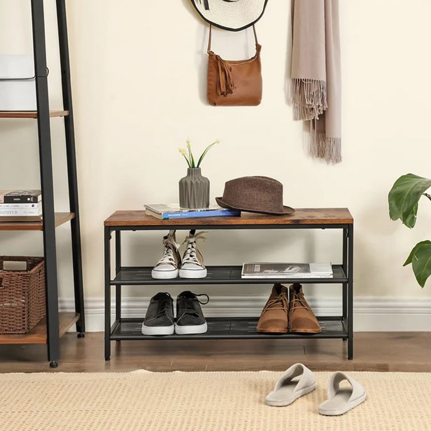 Schuhbank, Sitzbank, mit 2 Gitterablagen, bis 90 kg belastbar, Schuhregal, mit Sitzfläche, Vintage, Vasagle, 7