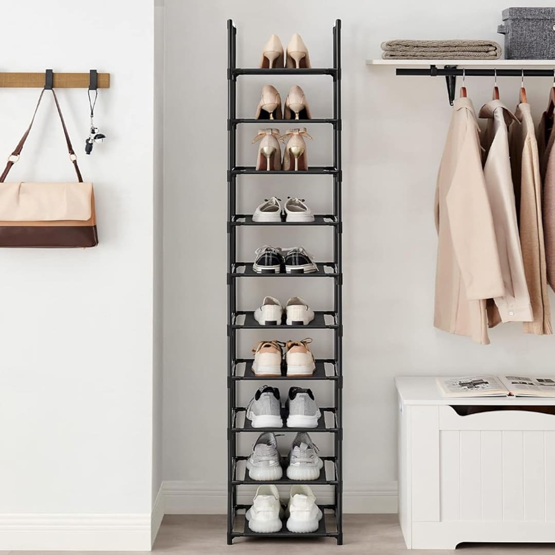 Schuhregal, 10 Ebenen, Schuhablage, Schuhregal Schmal Hoch, Platzsparend, 33 x 33 x 173 cm, schwarz, Songmics, 4