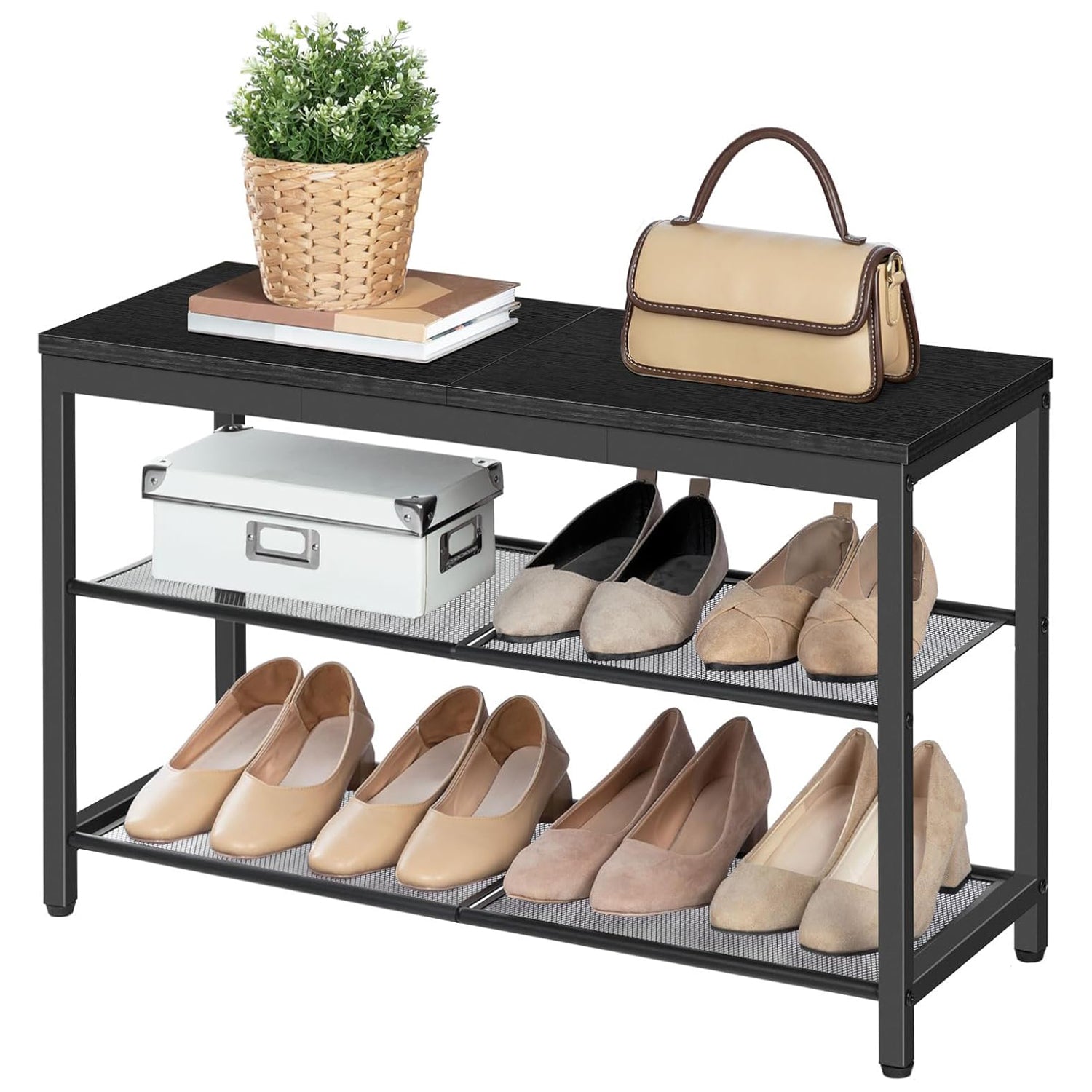 Schuhregal, 3 Ebenen, Schuhbank, Schuhregal Schmal, Schwarz, Hoobro –