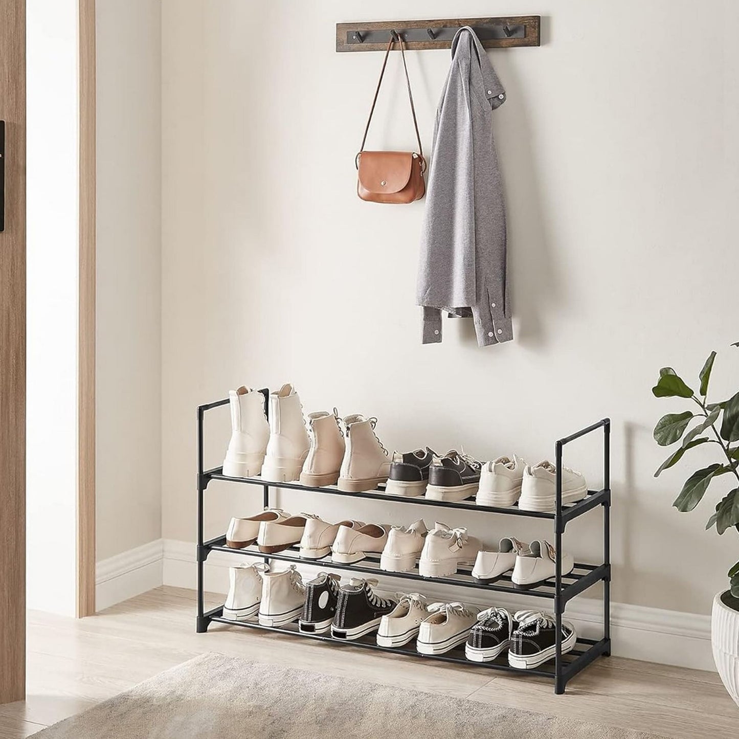 Schuhregal, Schuhregal Schmal, Schuhregal mit 3 Ebenen, Schuhständer Metall, für 15 Paar, Schuhregal Schwarz, SONGMICS, 7