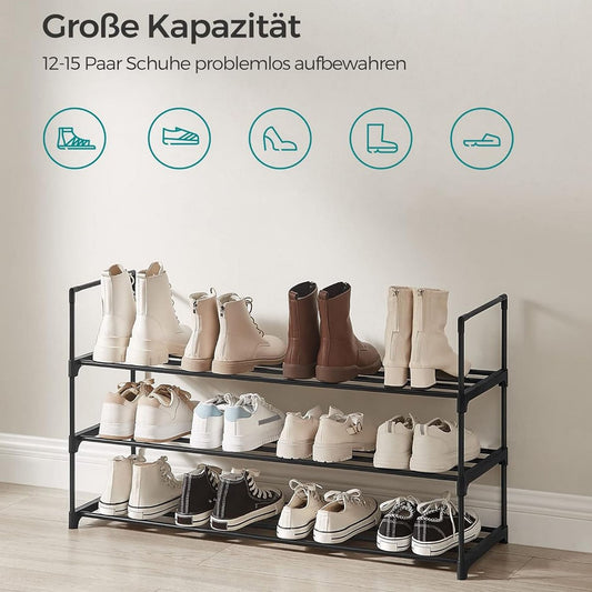 Schuhregal, Schuhregal Schmal, Schuhregal mit 3 Ebenen, Schuhständer Metall, für 15 Paar, Schuhregal Schwarz, SONGMICS, 3
