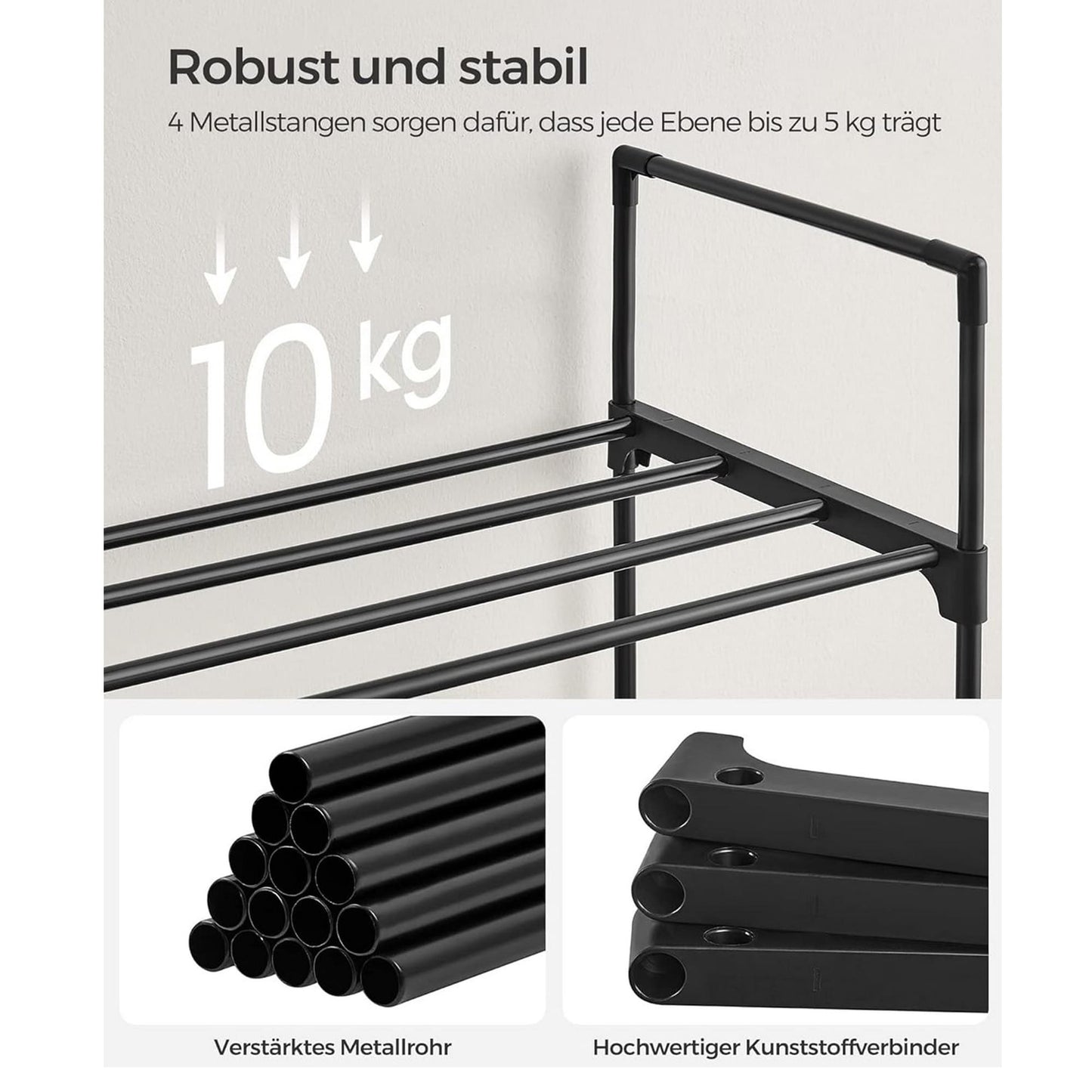 Schuhregal, Schuhregal Schmal, Schuhregal mit 3 Ebenen, Schuhständer Metall, für 15 Paar, Schuhregal Schwarz, SONGMICS, 4