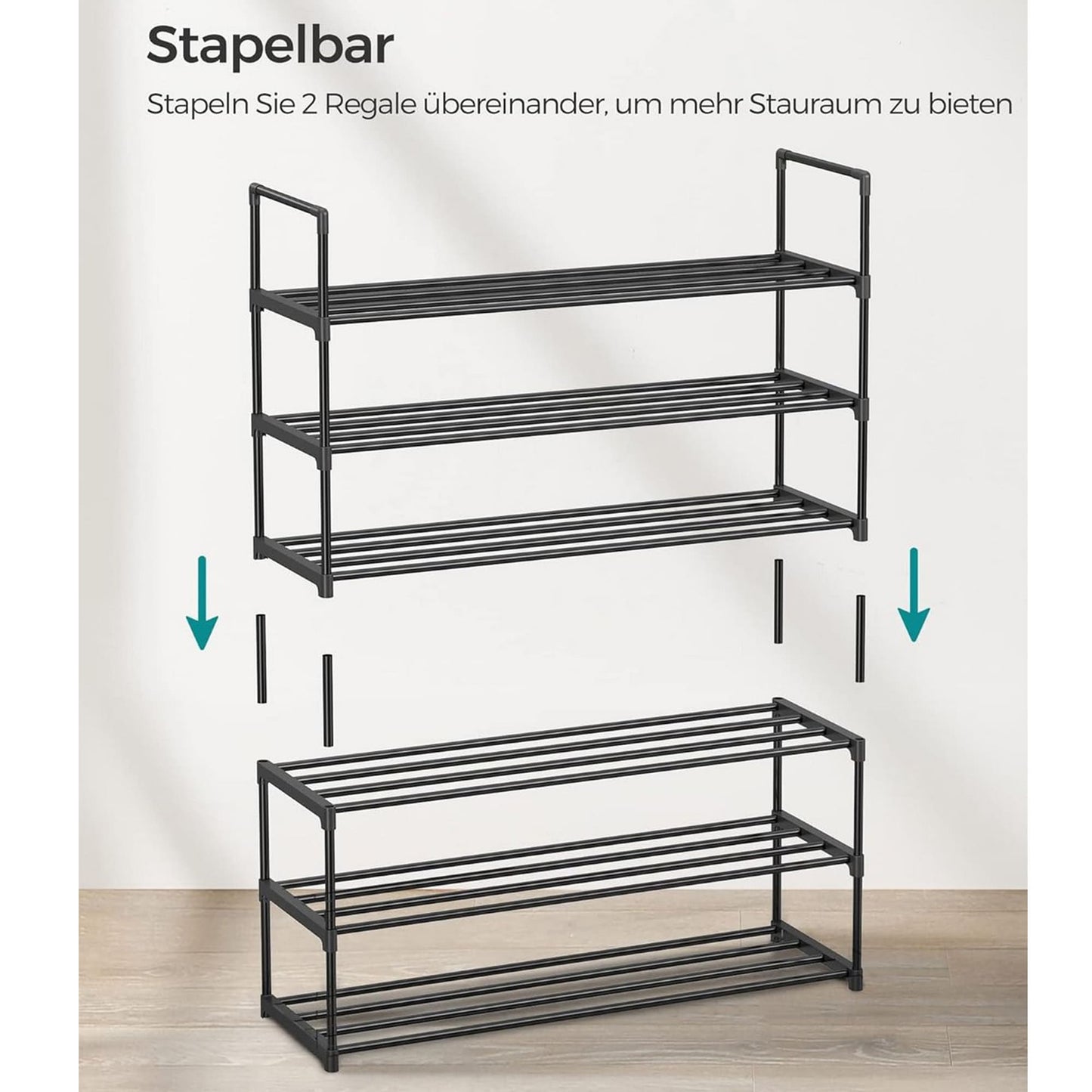 Schuhregal, Schuhregal Schmal, Schuhregal mit 3 Ebenen, Schuhständer Metall, für 15 Paar, Schuhregal Schwarz, SONGMICS, 6