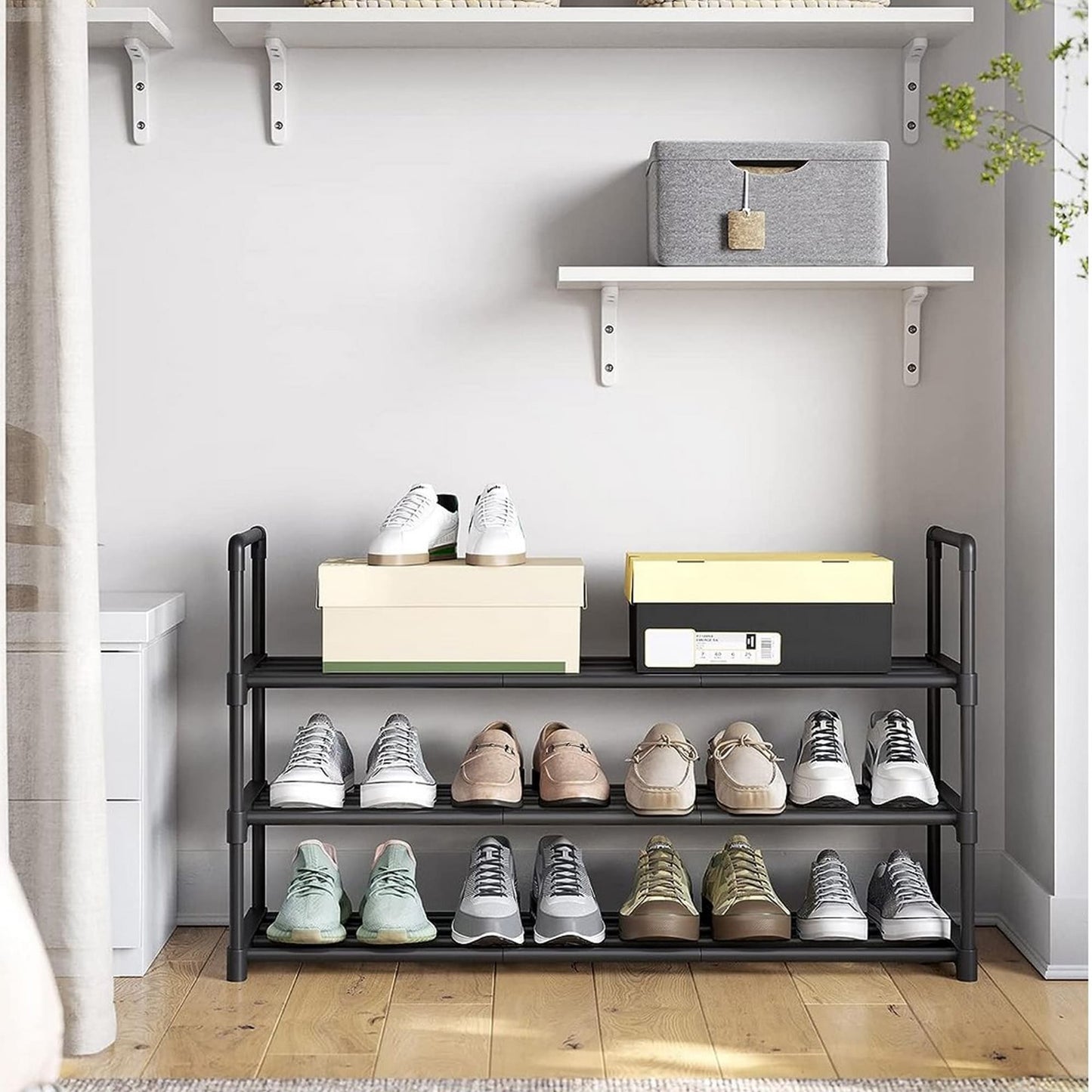 Schuhregal, Schuhregal Schmal, Schuhregal mit 3 Ebenen, Schuhständer Metall, für 15 Paar, Schuhregal Schwarz, SONGMICS, 9