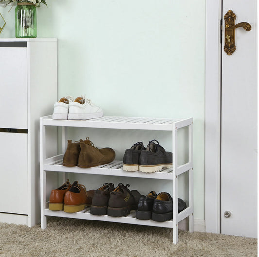 Schuhregal, Schuhregal weiß, Schuhständer 3-Ebenen, Schuhablage, Standregal, ideal Diele, aus Bambus, Weiß, Songmics, 1