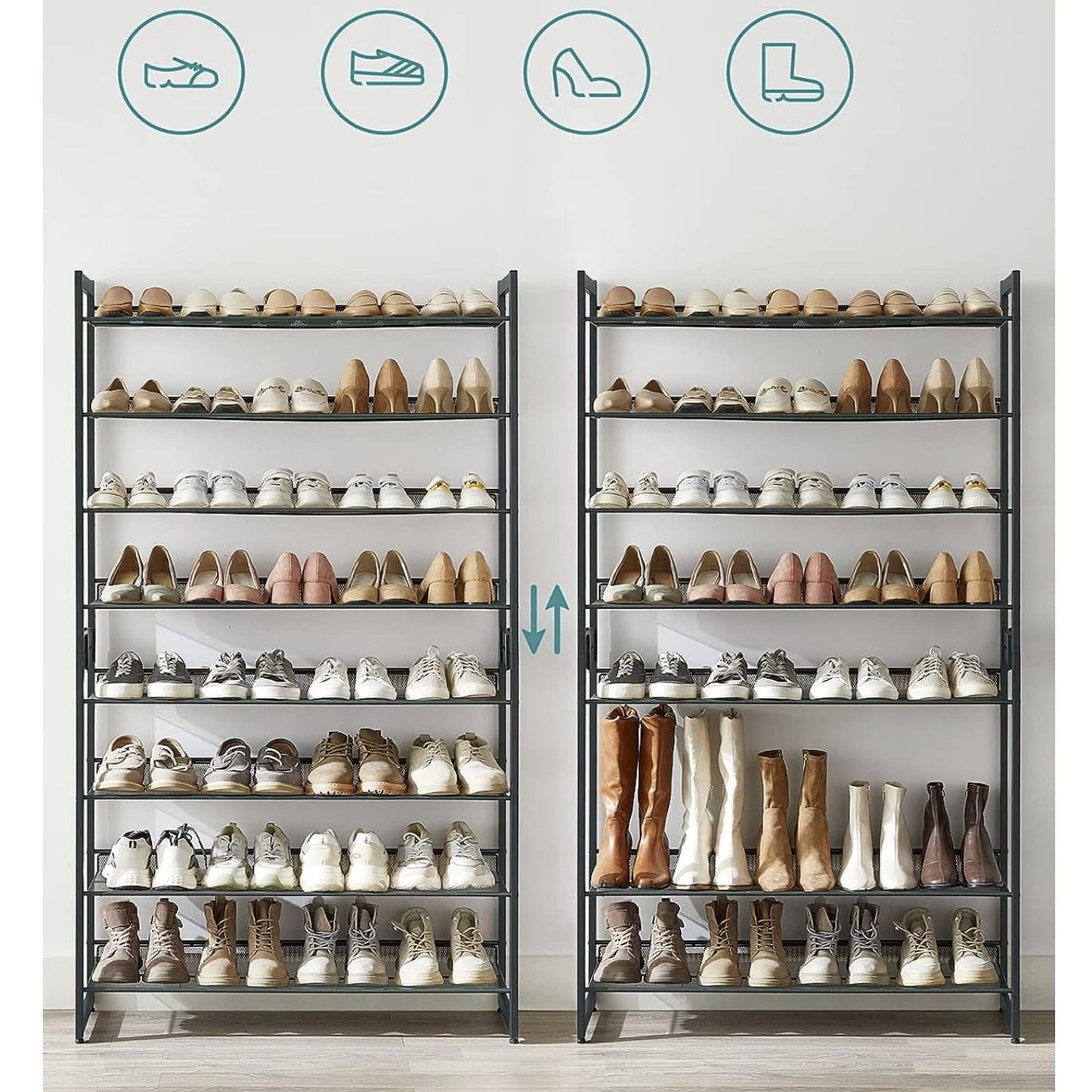 Schuhregal, mit 8 Ebenen, Schuhregal Schmal, Schuhorganizern, Verstellbare, aus Metall, Songmics, 8
