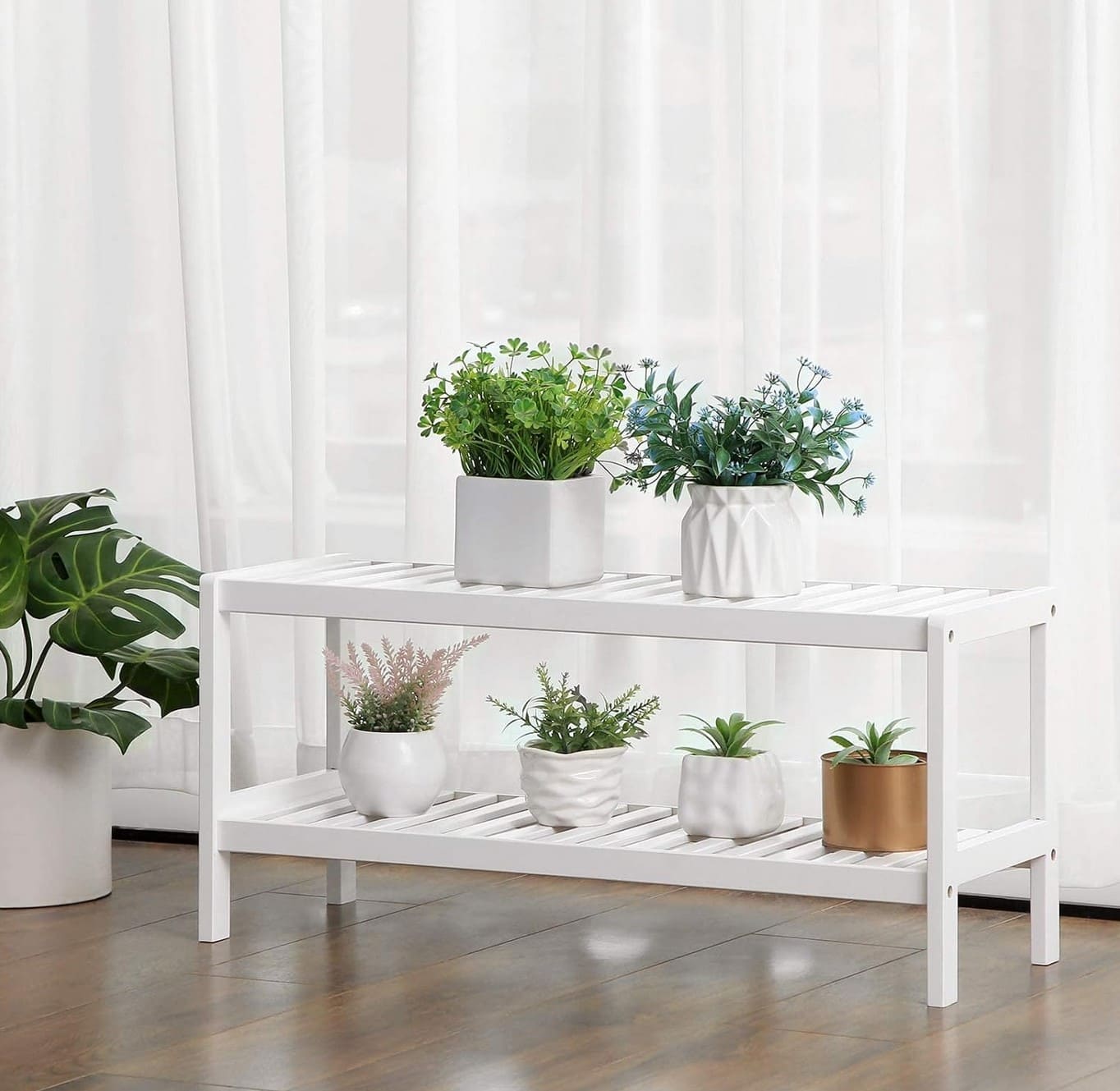 Schuhregal, Schuhregal weiß, Schuhablage mit 2 Ebenen, Schuh-Organizer, Regal für Schuhe, Pflanzen, aus Bambus, Songmics, 6