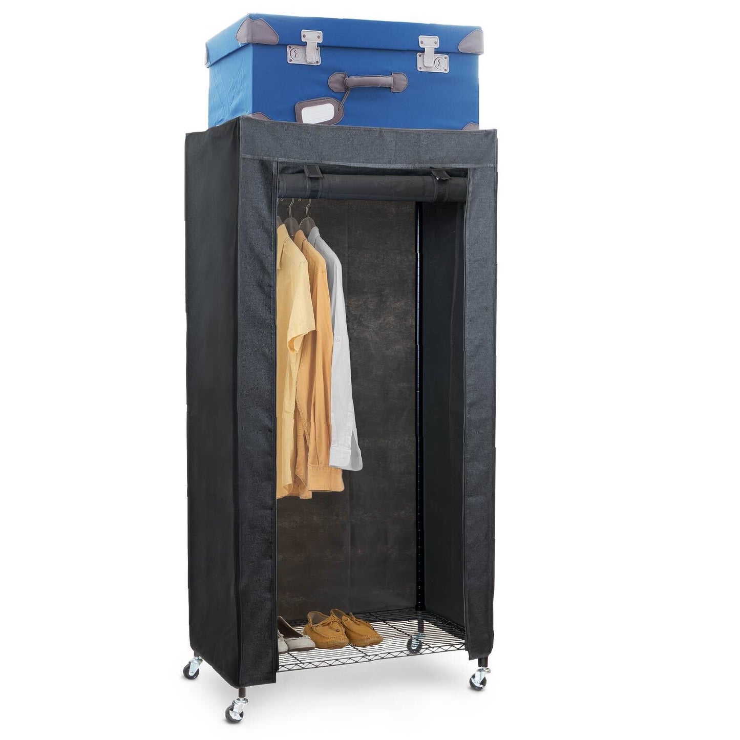Schwerlast Faltschrank, Stoffkleiderschrank, Kleiderschrank auf Rollen, bis 70 kg, 75x45x150 cm, Leinenimitat, art moon Buffalo Schwarz, 4