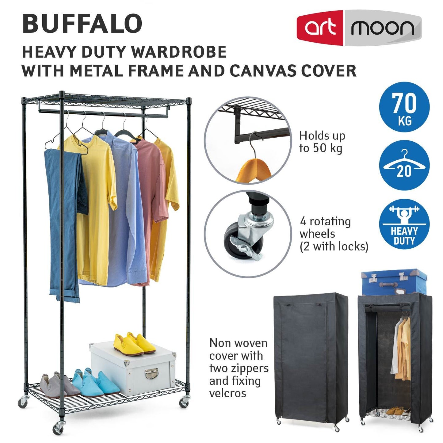 Schwerlast Faltschrank, Stoffkleiderschrank, Kleiderschrank auf Rollen, bis 70 kg, 75x45x150 cm, Leinenimitat, art moon Buffalo Schwarz, 3