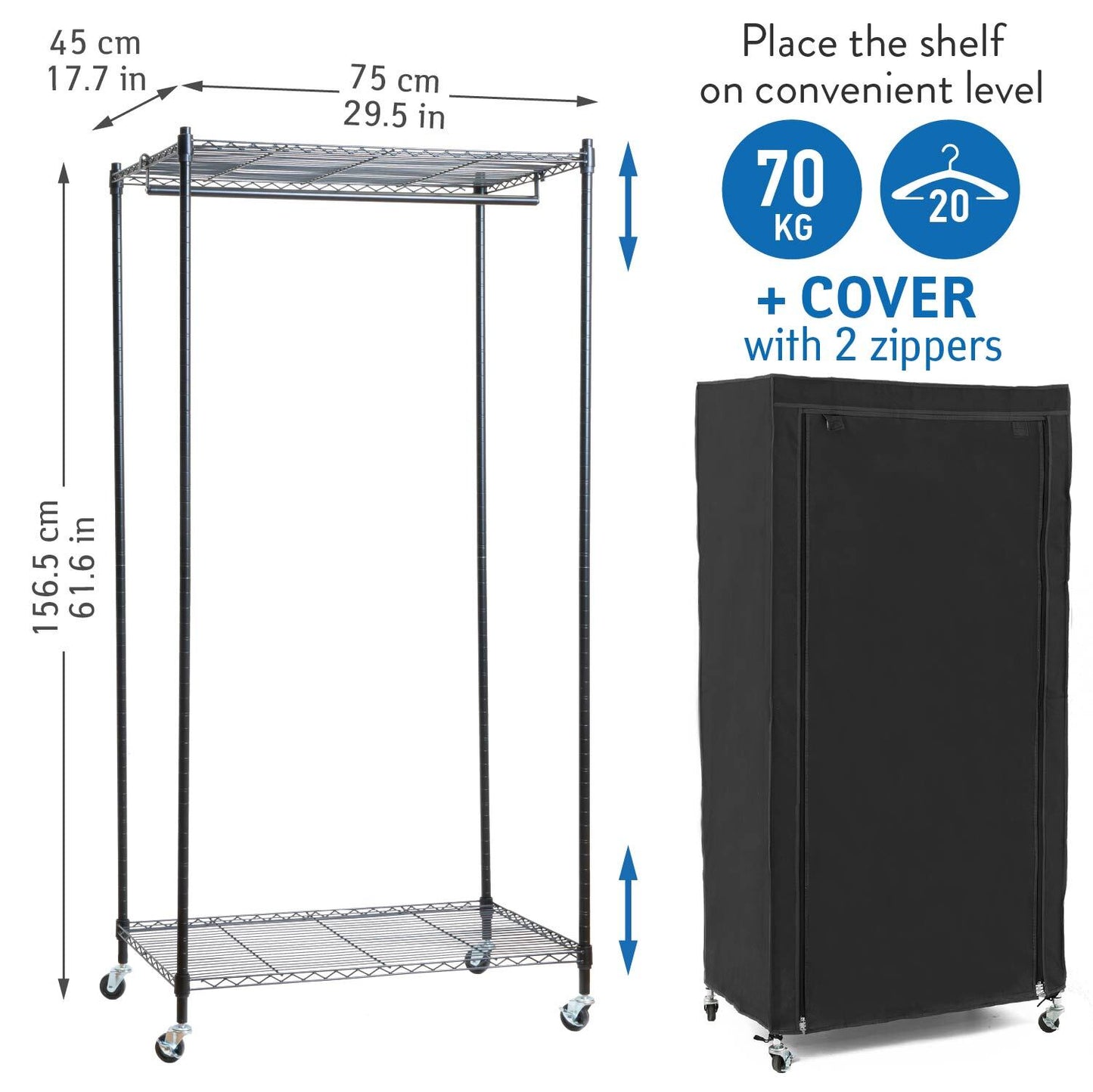 Stabiler Kleiderschrank art moon Buffalo, Stoffschrank mit Schutzhülle, Rollen und 2 Ablagen für 20 Kleiderbügel, 70 kg Belastung
