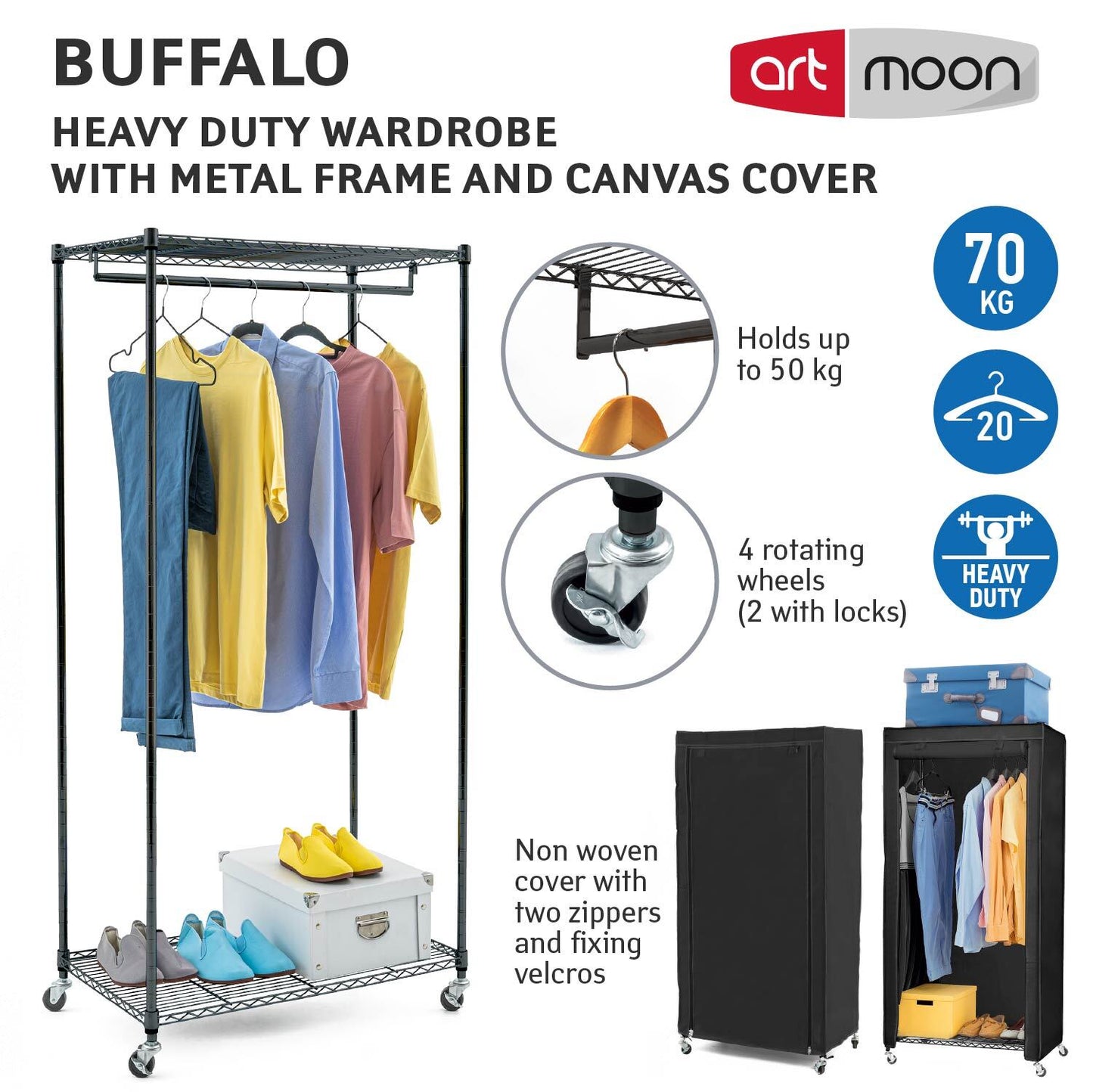 Faltschrank art moon Buffalo in Schwarz, Schwerlast Stoffkleiderschrank mit Rollen, Stange, 2 Ablagen und Abdeckung