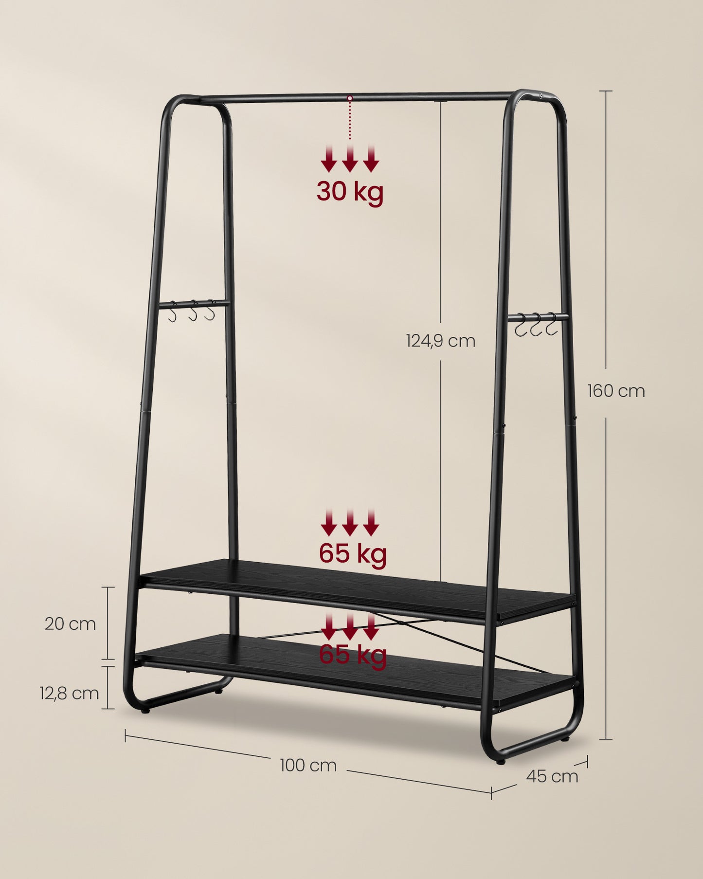 Schwerlast Kleiderständer, bis 190 kg belastbar, Kleiderständer Stabil, Garderobenständer, Garderobe, mit 2 Ablagen, Vasagle, 1