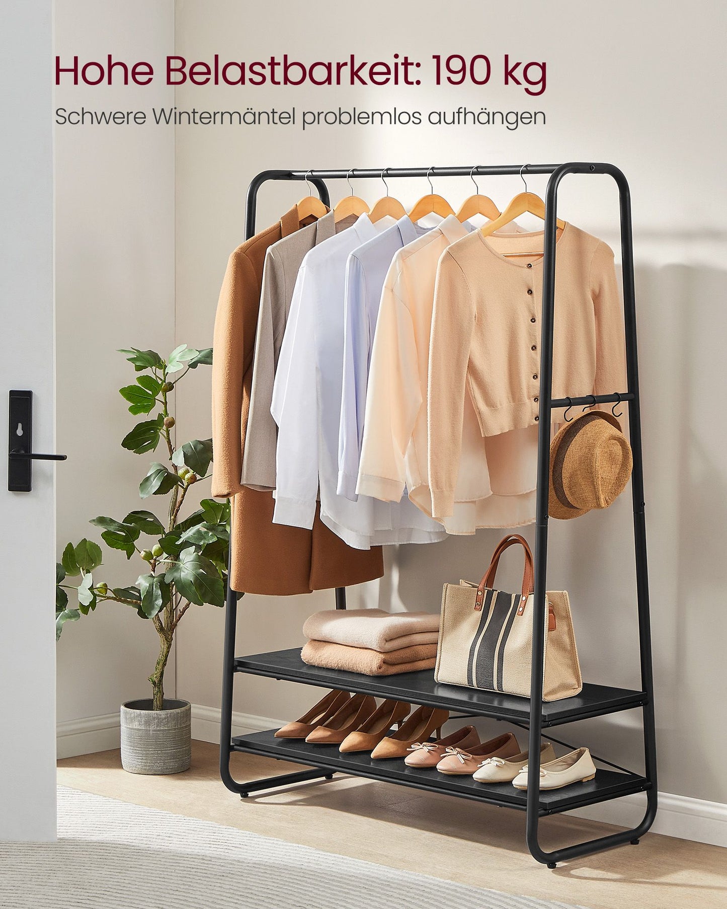 Schwerlast Kleiderständer, bis 190 kg belastbar, Kleiderständer Stabil, Garderobenständer, Garderobe, mit 2 Ablagen, Vasagle, 2